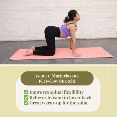 For a stiff and tired back, the gentle, flowing movement of Marjariasana, or the Cat-Cow stretch, is one of the best remedies. It improves spinal flexibility and relieves tension accumulated from long hours of sitting.