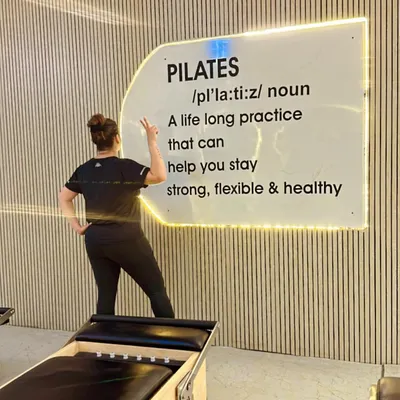 My happy hour! Our studio is a place where you can focus on yourself. The motivational wall says it all: Pilates is a lifelong practice for staying strong, flexible, and healthy.