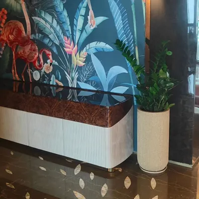 A Zamioculcas zamiifolia, or ZZ plant, in a tall, textured ceramic pot. Its placement next to a modern credenza and a bold, tropical-print wall shows how I use plants to enhance interior design.