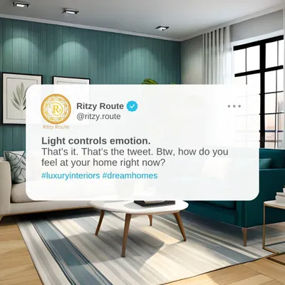 Light is a key element in controlling the emotion of a space. This living room uses a cool teal accent wall and large windows to create a refreshing and calm environment. The simple, modern furniture and ample natural light make it an inviting space to relax and unwind.