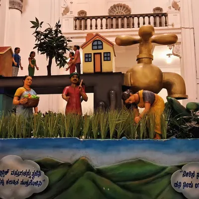 Art can also carry an important message. For this float, I created a scene about water conservation and farming, with a giant golden tap as the centerpiece to grab attention and make people think about this vital resource.