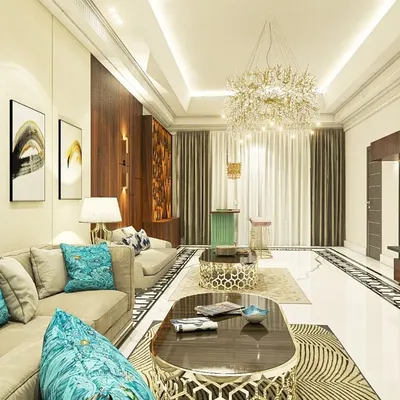 This expansive living room is designed for luxury and entertainment, featuring a stunning floral-patterned chandelier as its centerpiece. I used a neutral color palette with vibrant turquoise accents and gold-detailed coffee tables to create a chic and inviting atmosphere.