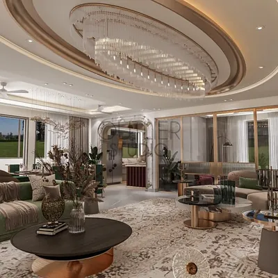 This grand living area is defined by its sculpted architectural details. I designed an elliptical ceiling with a massive crystal chandelier and curved walls to create a sense of softness and flow, while a backlit onyx feature wall adds a warm, artistic glow.