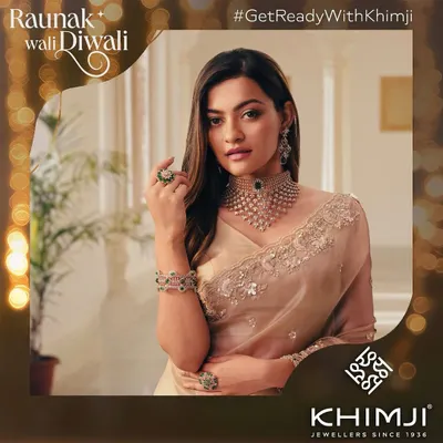 A shot from the Khimji Jewellers 'Raunak wali Diwali' campaign. The goal was a soft glam makeup look that complemented the intricate diamond and emerald jewelry.