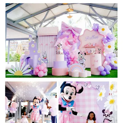 A magical Minnie Mouse and Daisy Duck party in pastel pinks and purples. This collage shows the full, elaborate setup and the birthday girl's grand entrance with a Minnie mascot and sparklers.