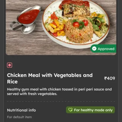 This is our Chicken Meal as seen on our menu, featuring chicken in peri peri sauce with rice and fresh vegetables. It's a complete, balanced meal designed for gym-goers looking for a convenient and healthy option.
