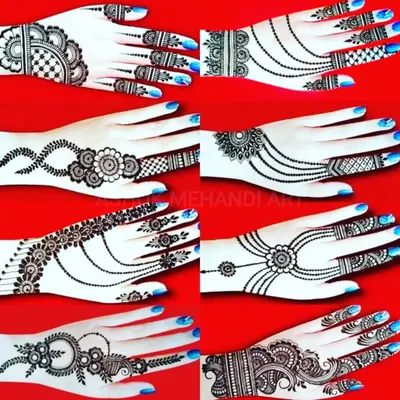 This collection shows various back-of-hand designs that mimic hand jewellery. From delicate chains connecting the finger and wrist to bracelet-like patterns, these are perfect for a chic, modern look.