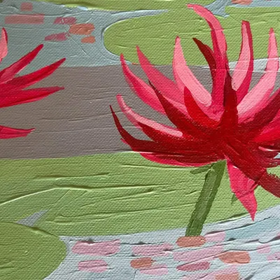 A detailed close-up of the red lotus flowers in 'Colorful Lake 2', showing the sharp petals and textured brushwork on the water.