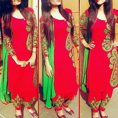 A vibrant red and green salwar suit with beautiful side embroidery. We ensure the fit of the kameez and salwar is comfortable and flattering for your body type.