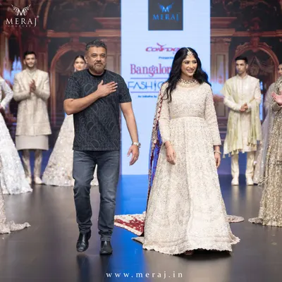 A showstopper moment on the runway. I designed this spectacular tail gown for the modern queen, complemented by a rich maroon Persian veil to redefine luxury and elegance at Bangalore Times Fashion Week.