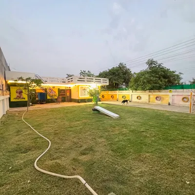 A wide view of our playground at dusk. The large grassy area is perfect for running, and you can see the tires and ramps we use for group enrichment activities.