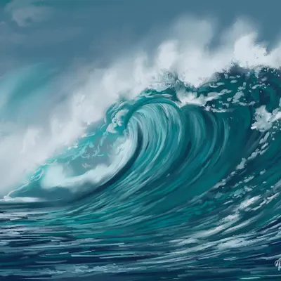 The immense power and beauty of an ocean wave. This digital painting is a study in movement and light, showing my ability to create dynamic and realistic seascapes.