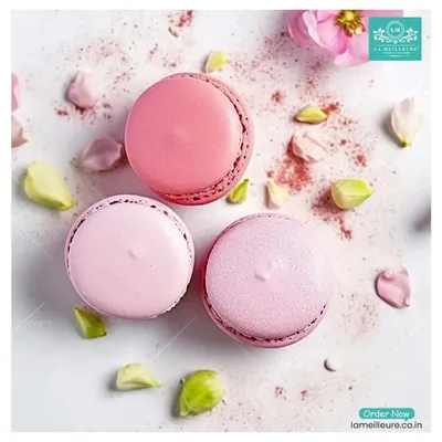 A trio of our delicate pink macarons, artfully arranged with fresh flower petals. This image captures the light and airy texture of our classic French macarons.