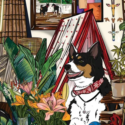 A close-up from a custom Christmas illustration, showing a beloved family dog ready for the holidays. It's these personal details that make a piece special.