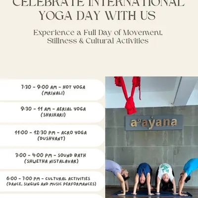 Celebrate International Yoga Day with us. This poster outlines a full day of free activities, from Hot Yoga and Aerial to a cultural fiesta and Bhajans. It's a day to reconnect with yourself and our community.
