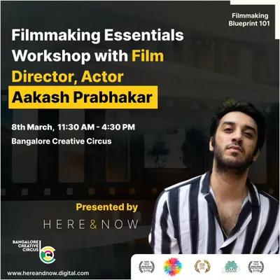 A poster for our one-day Filmmaking Essentials Workshop with director and actor Aakash Prabhakar. This session offers a comprehensive overview of pre-production, production, and post-production.