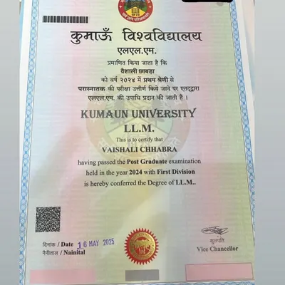 The journey to completing my LL.M. (Master of Laws) from Kumaun University was long, but the reward is worth it. This degree represents a deeper dive into my specialization and a commitment to continuous learning in the legal field.