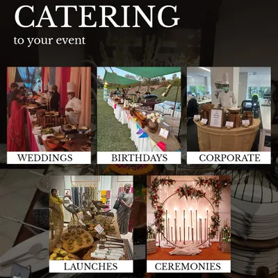 A collage showcasing the variety of events we cater to, including weddings, birthdays, corporate functions, launches, and ceremonies. We adapt our style and menu for each unique occasion.