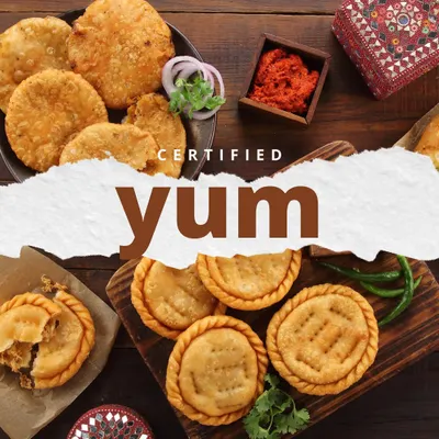 Our kachoris are certified yum because they taste like they were made with full pyaar by a mom, because they were. This platter shows a variety of our crispy, flaky creations.