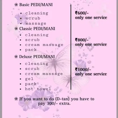 Here is a clear breakdown of my manicure and pedicure services. I offer everything from a Basic Pedi/Mani for essential upkeep to a Deluxe treatment that includes a cream massage, gel application, and a hot towel wrap for ultimate relaxation. All prices are listed upfront so you know exactly what to expect.