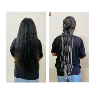 This before-and-after comparison shows how we can achieve a dramatic new look with partial loc extensions. The client wanted a change, so I added these silver-grey locs to the lower section of her hair, creating a stylish and manageable result.