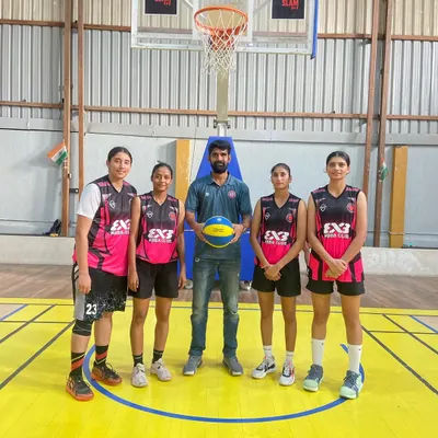 The Kids Basketball Academy club team on the floor in Jaipur. We travel to compete and give our players exposure to different levels of competition.