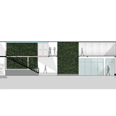 An elevation drawing of our studio, illustrating the integration of a green wall and the seamless transition between levels. This is a foundational step in our process, where we map out the spatial experience.