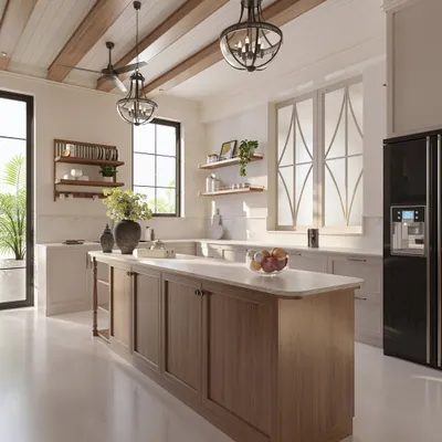 The kitchen is the heart of the home, a place for gathering. We designed this spacious kitchen around a large central island to serve as a hub for family life, using creamy white cabinetry, warm wood tones, and abundant natural light to make it feel open and inviting.
