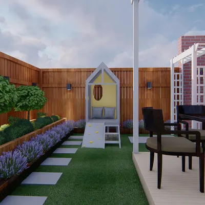 This garden design was created for a family with a young child. The highlight is this little playhouse, which gives her a dedicated space for evening playtime and adventures in her own backyard.