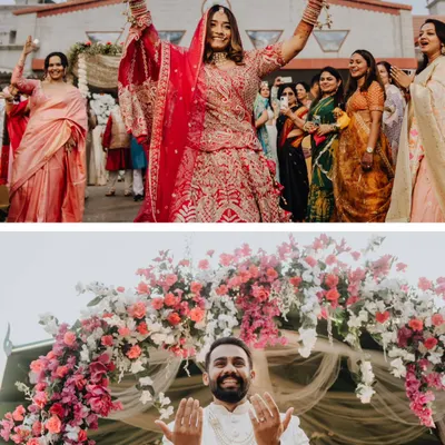 The bride and groom making their separate, joyous entrances. Her with her hands up in the air, him with a look of happy prayer.