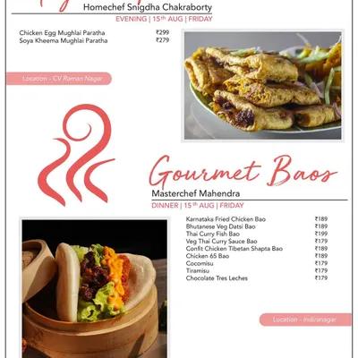 Discover our Gourmet Baos, featuring soft, fluffy steamed buns with delicious fillings. This menu offers a variety of options, including Karnataka Fried Chicken and Veg Thai Curry, for a unique Pan-Asian treat.