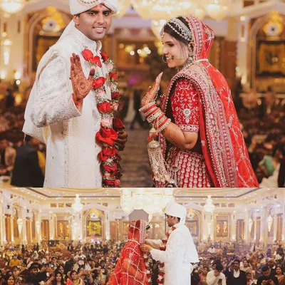 A collage of the Varmala ceremony, showing the couple exchanging garlands on a grand stage in front of all their guests.