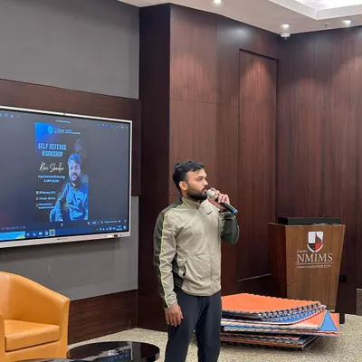 Addressing the students at NMIMS college before our self-defense workshop begins. I focus on teaching awareness as the first line of defense.