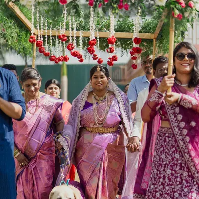 A heartwarming bridal procession, made even more special by the family dog. Capturing these authentic, joyful, and sometimes quirky moments is what we do best.