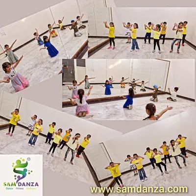 A collage capturing the fun and dynamic atmosphere of our kids' group classes. You can see the students learning choreography and expressing themselves in our bright, open studio space.