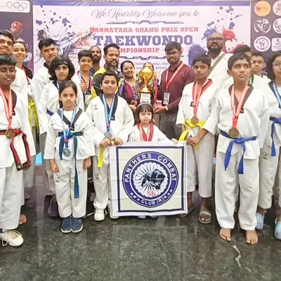 The results of dedication. Our team proudly displays a haul of 14 Gold, 12 Silver, and 5 Bronze medals from the Karnataka Grand Prix Open Taekwondo Championship. We train to win, and we win as a team.