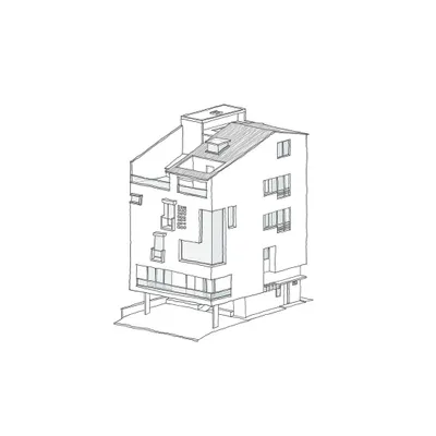 An axonometric sketch for the proposed Tiwari Residence in Bangalore. This type of drawing is a key tool in our thinking process, allowing us to explore the building's massing, form, and spatial relationships in three dimensions.