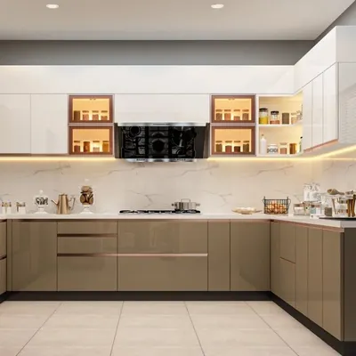 This stunning U-shaped kitchen from a luxury villa project features high-gloss beige cabinets and a white marble backsplash. The design includes illuminated display cabinets and handleless drawers for a sleek, modern finish.