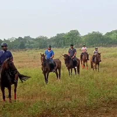 A group of riders out on a trail ride, exploring the green fields around our farm. These rides are a great way to relax and enjoy horsemanship in a natural setting.