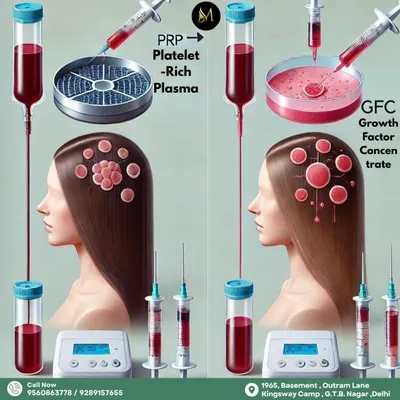 This infographic clearly illustrates the difference between PRP and GFC treatments. Both are effective for hair regrowth, but GFC offers a higher concentration of growth factors for more advanced results.