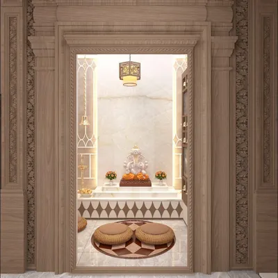 A sacred space where elegance meets devotion. This beautifully crafted mandir design features an ornate wooden frame, intricate carvings, and soft lighting to create a serene corner for your prayers.