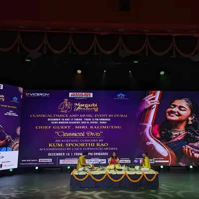 Performing at the "Margazhi in Dubai" event. It was a grand stage with a massive screen, and a wonderful experience to bring the spirit of the Chennai music season to the UAE.