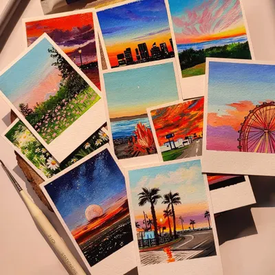 A collection of custom landscape and scenery polaroids I painted for a client. From cityscapes at dusk to dreamy beaches, each acrylic painting captures a different mood and memory.