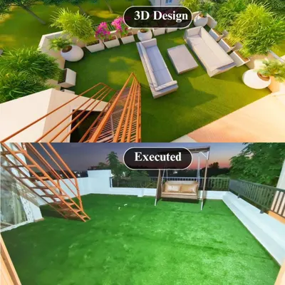 What you see is what you get. This comparison shows how our detailed 3D design for a terrace, including a shingles pergola and CNC frames, was brought to life with flawless execution, matching the vision perfectly.