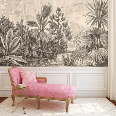 A classic and sophisticated sketch-style wallpaper of a tropical jungle, paired with elegant wainscoting and a pink chaise lounge.