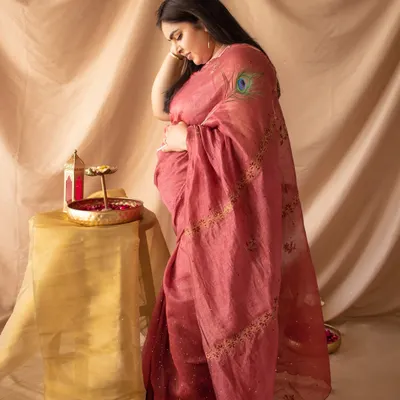 A graceful solo portrait of a mother-to-be in a beautiful pink saree. The peacock feather is a lovely traditional touch, often associated with new beginnings.