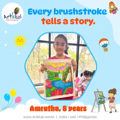 Every brushstroke tells a story in 8-year-old Amrutha's vibrant waterfall landscape, a perfect example of her growing artistic skills.