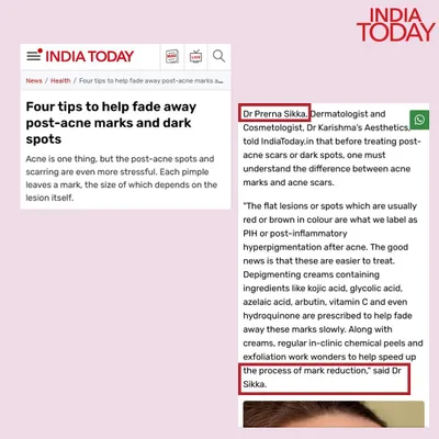 In this feature for India Today, I explained the dermatological approach to treating post-inflammatory hyperpigmentation, commonly known as post-acne marks and dark spots.