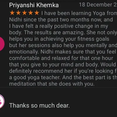 Positive feedback like this from my students is my biggest motivation. Knowing that my sessions help both mentally and emotionally is the greatest reward.