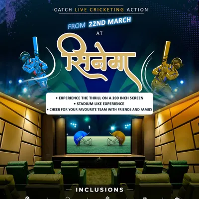 We offer a stadium-like experience for live cricket matches right here in our private cinema. This promotional visual shows how we merge the excitement of the game with the exclusive comfort of our theatre, complete with unlimited snacks and drinks.